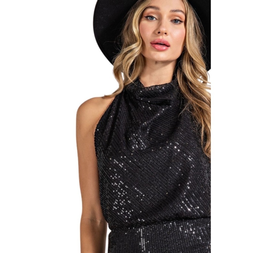 Black Sequin Halter Mini Dress - Picture 4 of 6
